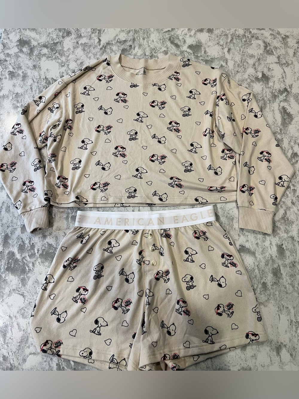 American Eagle Outfitters Cream Snoopy Heart Print Pajama Set